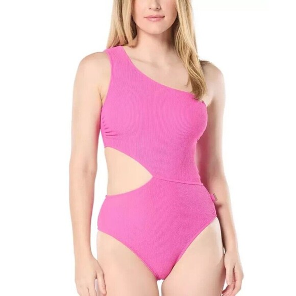 MICHAEL Michael Kors Women's Ribbed One-Shoulder Side-Cutout Swimsuit Pink 10 - Picture 1 of 11